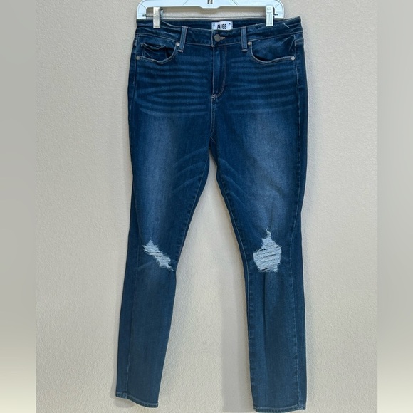 PAIGE Verdugo Ankle Distressed Skinny Jeans Dark Wash Size 32 Flattering - Picture 2 of 10